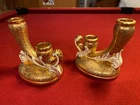 2 VINTAGE LE MIEUX PORCELAIN 24K HAND DECORATED GOLD CANDLE HOLDERS