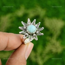 Natural Larimar Gemstone Promise Flower Blue Adjustable Ring 925 Sterling Silver