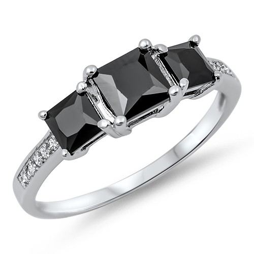 Three Stone Princess Cut Black CZ .925 Sterling Silver Ring sizes 4-10 NEW - Picture 1 of 2