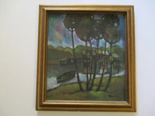 ANTIQUE VINTAGE CHINESE ABSTRACT MODERNIST LANDSCAPE PAINTING DAOLAM VILLAGE SEA