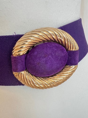 VTG Purple Gold Elastic Cinch Belt Suede Buckle S/M 80s Stretch Eggplant Caftan - Picture 3 of 9