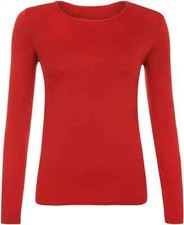 WOMENS LADIES LONG SLEEVE STRETCH PLAIN ROUND SCOOP NECK T SHIRT TOP ASSORTED
