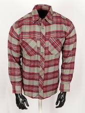 Mens Flannel Plaid Shirt Gray Red Western Button Chest Pockets Long Sleeve