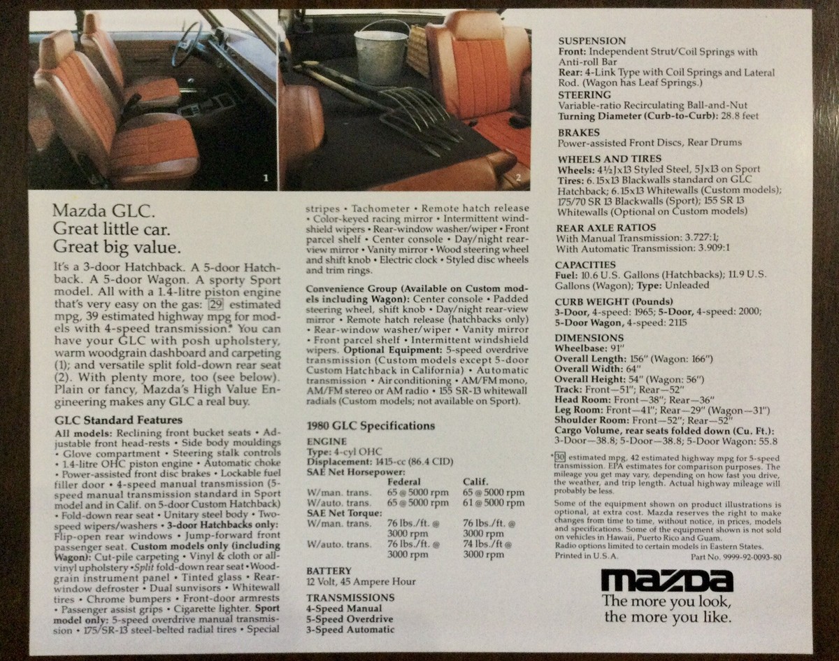 1980 Mazda GLC Hatchback Wagon Vintage Original Dealer Sales