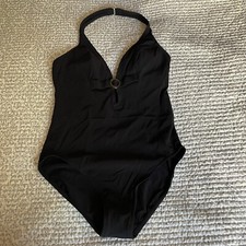 JANTZEN Bathing Suit Black Halter Top Low Cut Tortoise Shell Ring Sz 12 Vintage