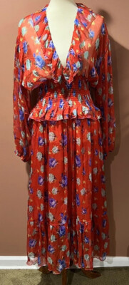 msgm multi red floral long sleeve silk Low Cut Neck midi dress size 46