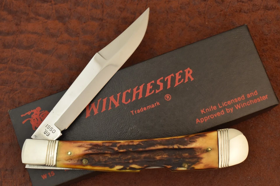 CUCHILLO TRAMPERO BANANA WINCHESTER MARCA REGISTRADA HECHO EN EE. UU. CIERVO JUMBO LOCKBACK (23234 Foto 3 de 4