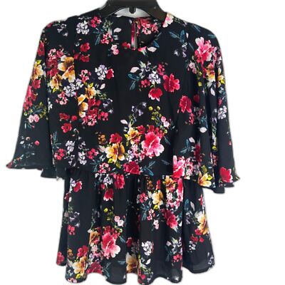 Express Flutter Sleeve Peplum Cottage Core Blouse Women's Size XS Black Floral