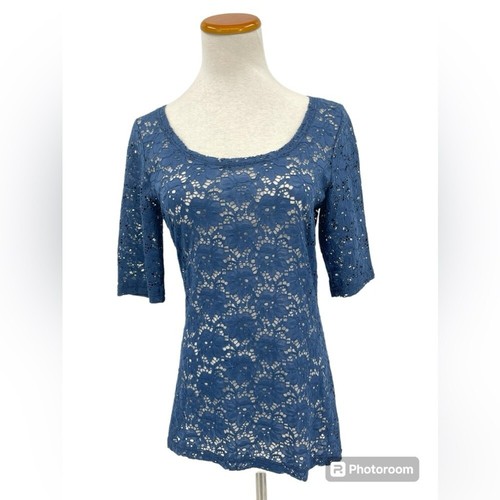 Maurice's marineblaue kurzärmelige Bluse mit Spitze, oben, mittel - Bild 1 von 6