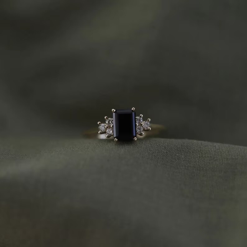 Emerald Cut Black Onyx Gold Engagement Ring for Women-image