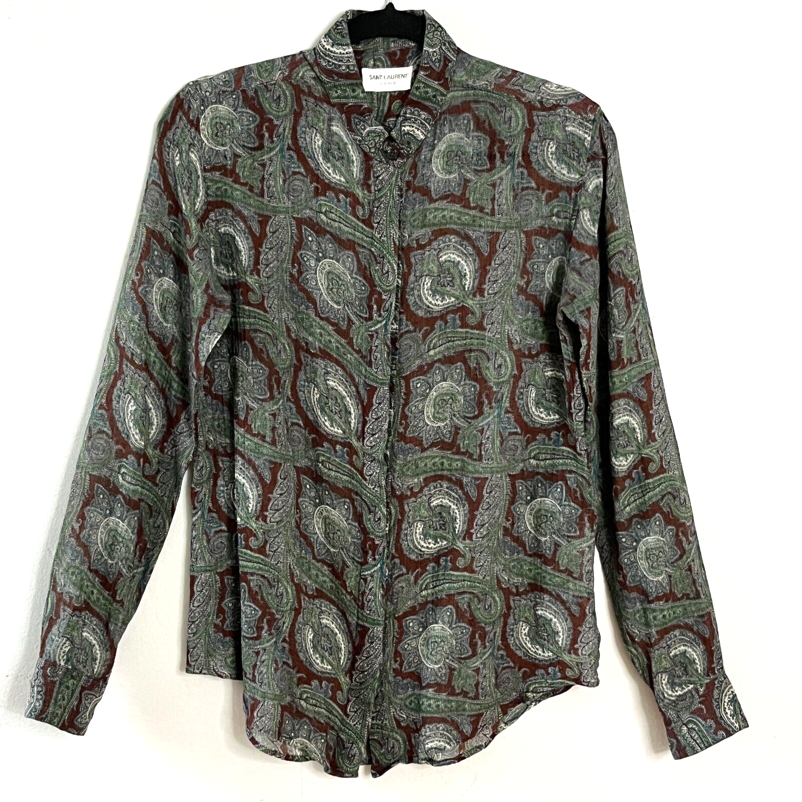 Camicetta Saint Laurent manica lunga semitrasparente lana vergine paisley verde PICCOLA