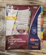 12 Tabs Customizable Ready Index Table of Contents Dividers 11843 Ave11843 