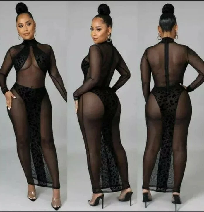 Vestido largo negro transparente/transparente y de leopardo para mujer