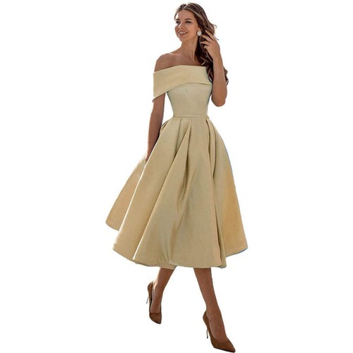 Women's Fashion Casual Strapless Satin Party Dress Off The Shoulder Tea Length S - Picture 56 of 106