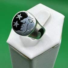 Vintage Sterling Silver Moon And Stars Onyx Inlay Ring 8.75