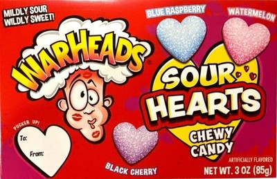 3oz/21ct WARHEADS Sour Hearts Chewy Blue Raspberry+ Watermelon+ Valentine Candy