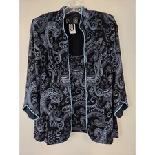Alex Evenings Black Blue Paisley Sparkly Print Jacket Blazer & Tank Top 2 Pc Set