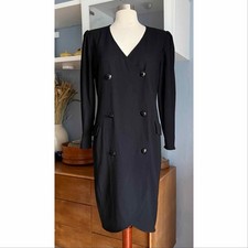Vtg 80s Valentino Miss V Black Wool Crepe Double Breasted Sheath Dress Sz 10