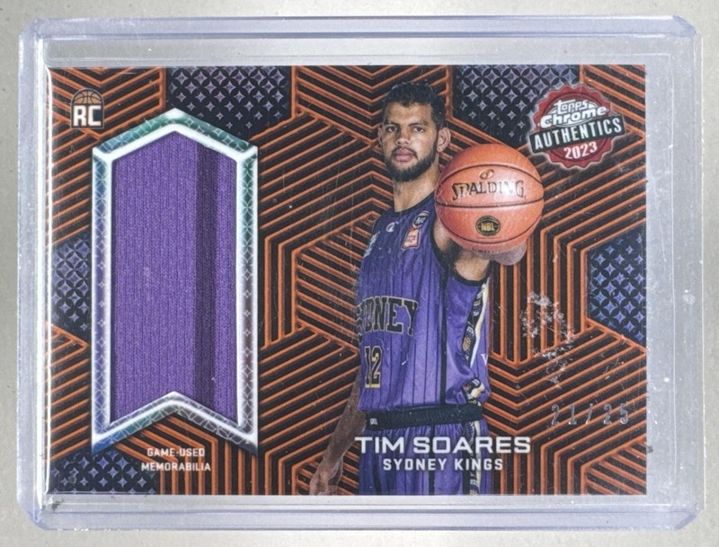 Tim Soares 2023 Topps Chrome NBL Orange Refractor Authentics RC GU Patch /25