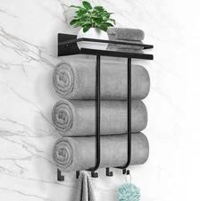 Towel Rack Wall Mounted with Metal Shelf and 5 Hooks for Small Bathroom