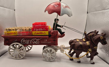 VINTAGE CAST IRON COCA COLA HORSE DRAWN WAGON UMBRELLA COKE CASES W/SODA BOTTLES