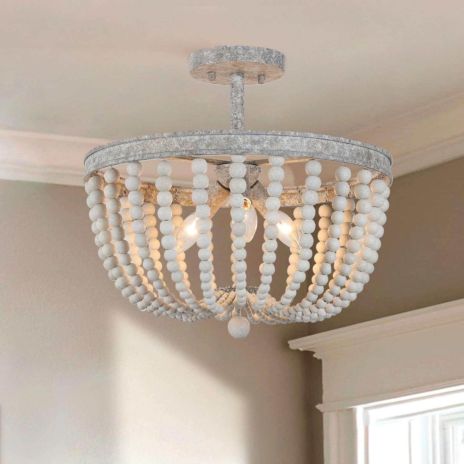 Modern Boho Coastal Wood Beaded 3-Light Semi-Flush Mount in Antique White 16.1 Inch Wide