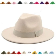 Solid Wide Brim Unisex Ribbon Band Formal Wedding Classic Casual Fedora Hat