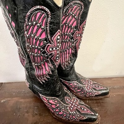Corral Boots Womens 8 Black Pink Wing Cross Studded Snip Toe