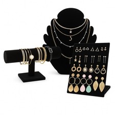 3 Pcs Black Velvet Jewelry Display Set, Necklace Bust Mannequin, T-Bar Bracel...