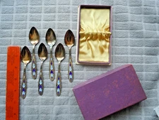 Set of 6 Soviet Tea Spoons Gilded 875 Silver Vintage Russian Enamel Handle BOX