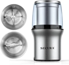 Secura Electric Coffee Grinder and Spice Grinder with 2 Stainless Steel Blades