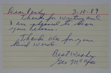 George McAfee Signed 3x5 Index Card Chicago Bears Autographed HOF Personalized