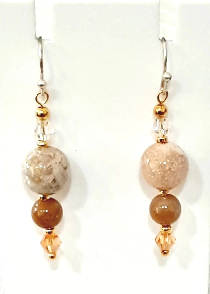 Hermosos Pendientes Collar Chico's, Cuero Tono Dorado, Cuentas Beige Naranja Fb4 Foto 4 de 4