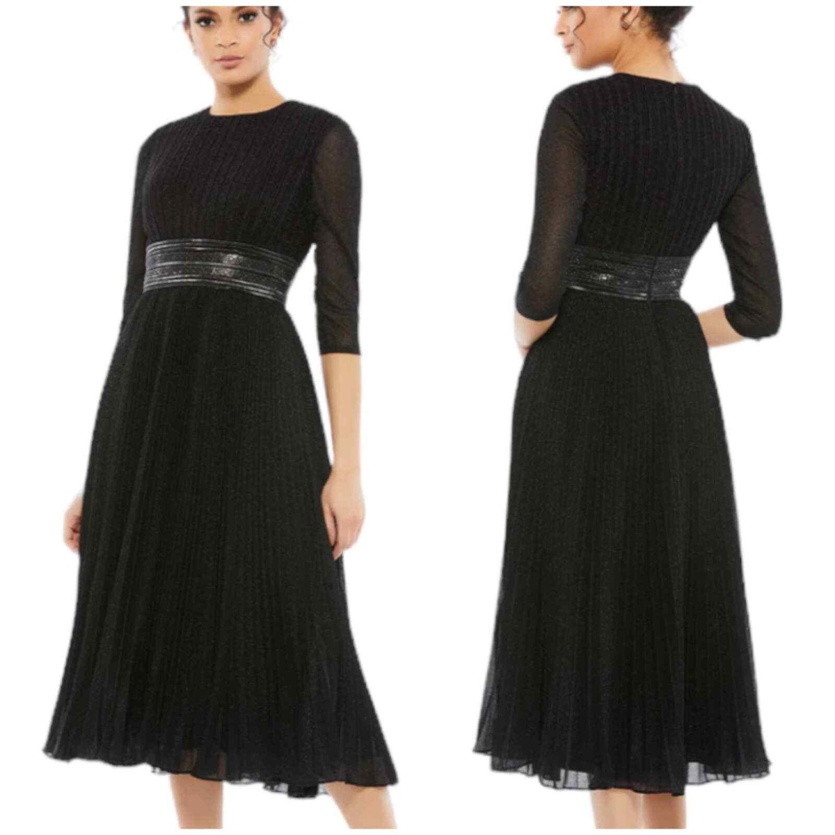 Mac Duggal NWT Shimmering 3/4 Sleeve A-Line Midi Dress Black
