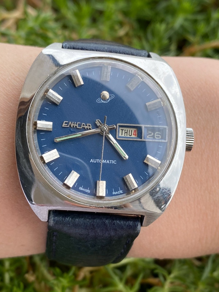 VINTAGE ENICAR AUTOMATIC DAY DATE BLUE DIAL MENS SWISS MADE 167-01