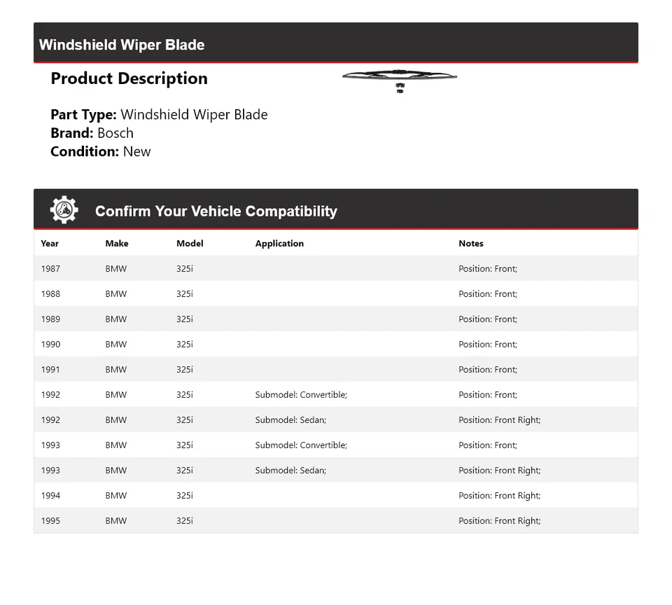 Escobilla limpiaparabrisas Micro Edge 1988 1989 1990 para BMW 325i Bosch 1987-1995 Foto 2 de 4