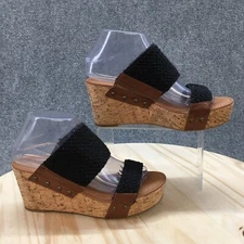 Crown Vintage Sandals Womens 8 M Double Trouble Slides Black Wedge Cork Casual