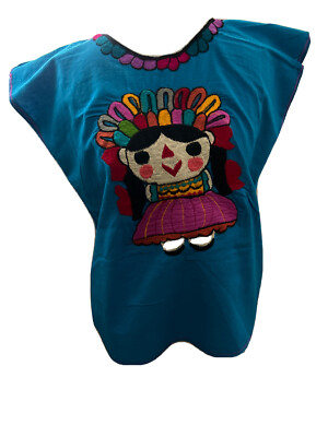 Mexican Shirt, Blouse, Handmade, embroidered Doll, cotton. Blusa Bordada Azul