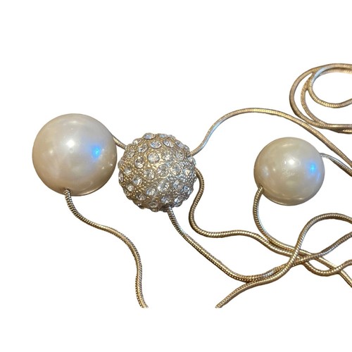 Three Chained Faux Pearl, Rhinestone Ball Goldtone 33" Fashion Necklace Marked H - Picture 5 of 5