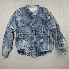 Vintage Denim Jean Jacket Troop Club Women Large Acid Wash Bomber Streetwear 90s