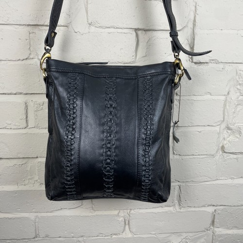 Jones Bootmakers Black Leather Handbag Shoulder Bag Medium Zip Closure Patterned - Picture 2 of 12