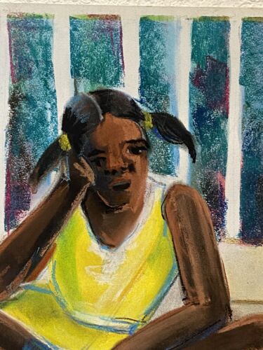 Quadro acquerello pastello originale arte popolare bambini che giocano afroamericano - Foto 8 di 15