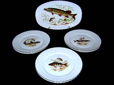 7pc Vtg German Bavaria J. Kronester Fine China Porcelain Fish Set Platter Plates