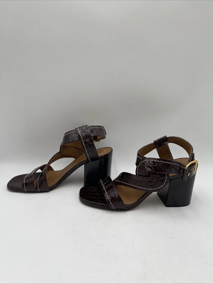 Sandalias Chloé de cuero de cocodrilo borgoña con correa en el tobillo tacón bloque para mujer talla 37” Foto 3 de 4