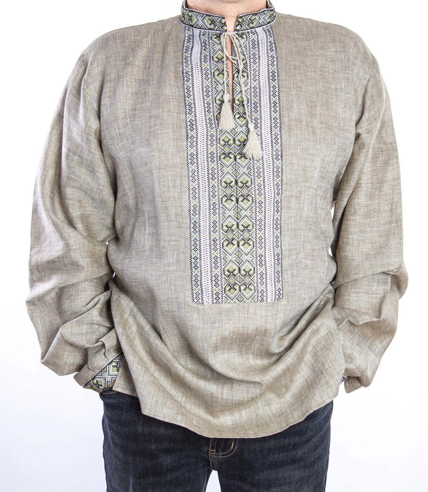 Ukrainian VYSHYVANKA men beige linen shirt olive green hand Embroidery sorochka