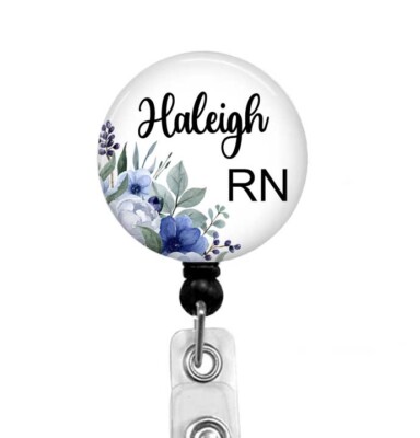 RN, LVN, BSN Nurse Personalized Badge Reel ID Holder With Blue Flowers, T37