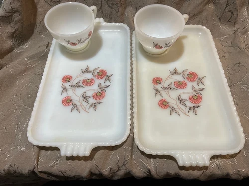 Vintage Anchor Hocking Snack Set Pink FLEURETTE Fire King Tray &Tea Cup Set Of 2
