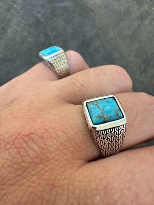 Blue Turquoise Mens Real Solid 925 Silver Navajo Native