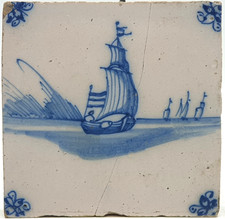 Antique Dutch Delft Blue & White Hand Painted Tile Landscape Ship