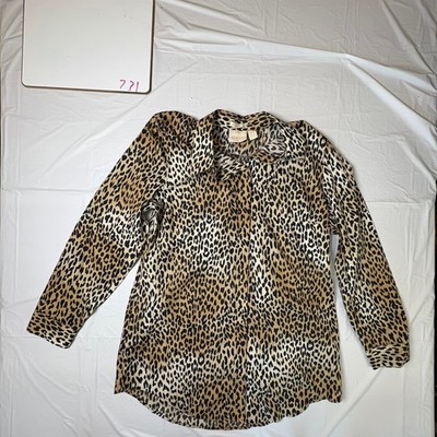 Chicos Womens No Iron Leopard Print Cotton Button Down Shirt Tan Brown Size 1